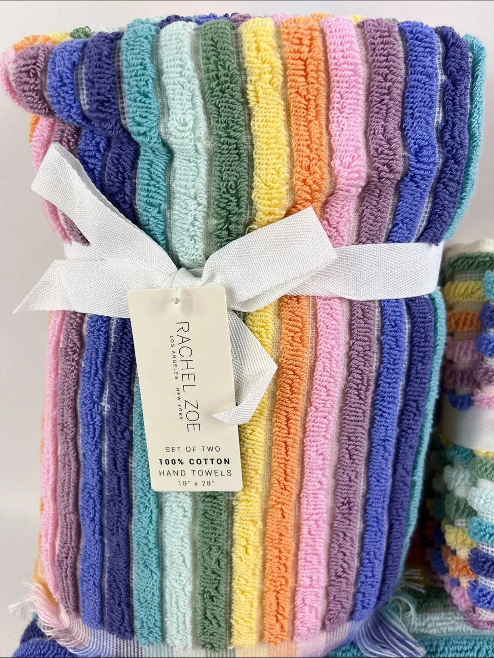 Rachel Zoe Bath Towels Rainbow Pastel Striped with Fringe Cotton 8 Pc Set NEW